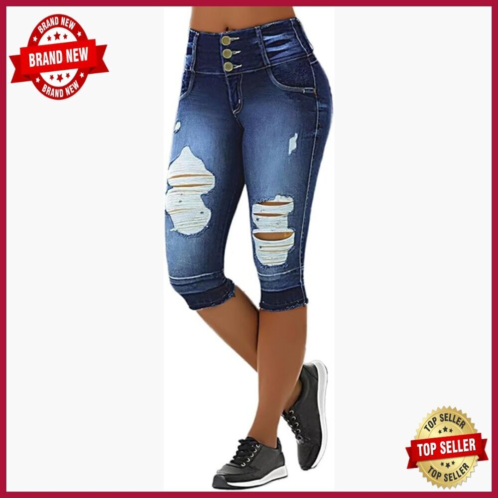 Mid Waist Skinny Jeans Distressed Raw Hem Stretchy Denim Capris